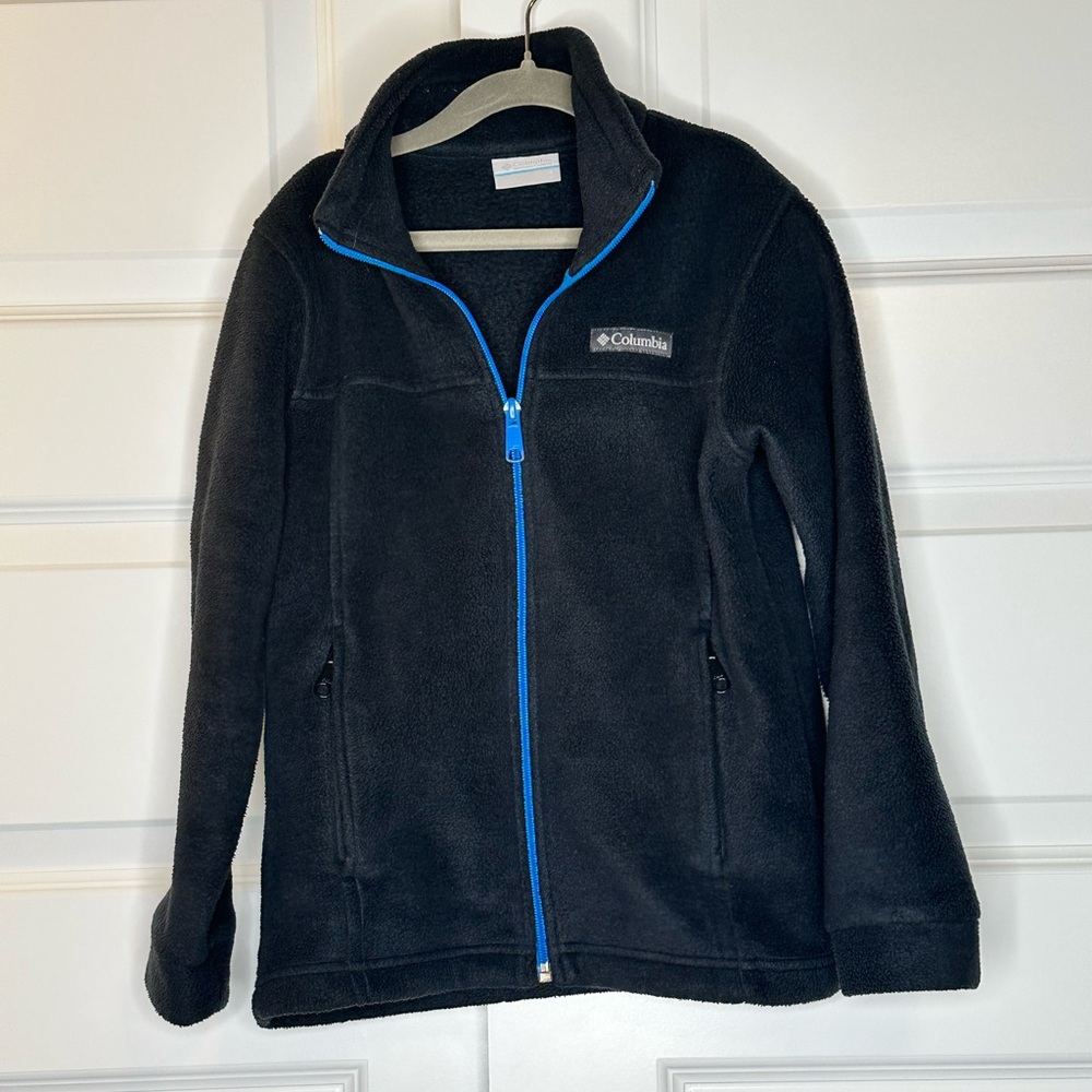 Columbia Black Fleece Jacket with Blue Accents - EUC